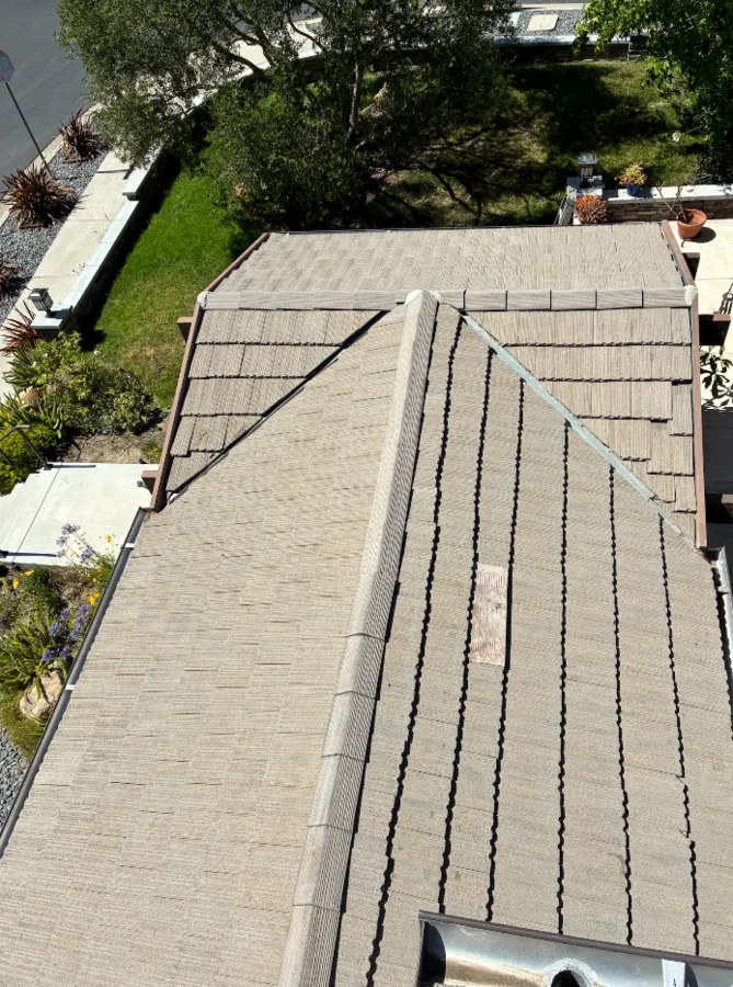 Aerial view of a clean shingle roof in Ventura County after moss and algae removal